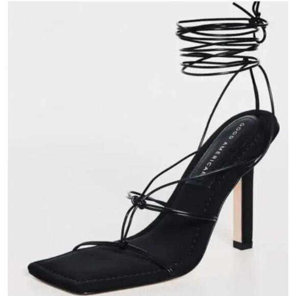 Good American Women's 8 Neoprene Strappy Silhouette High Heels Black Ankle Wrap - Picture 1 of 8
